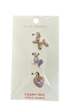 Gold Charm Trio with Purple Butterfly & Pink Heart